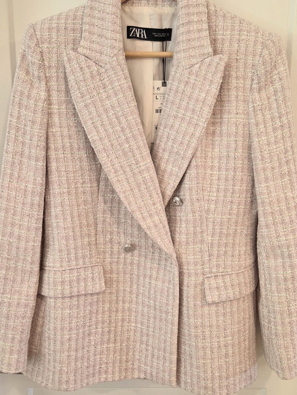 Zara Pink Boucle Tweed Blazer L Gold Metallic Thread Double Breasted Barbiecore